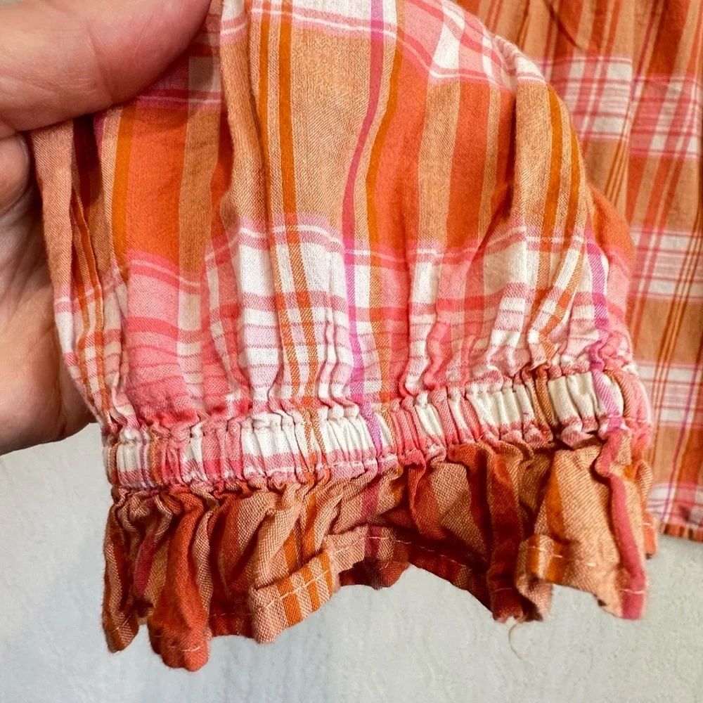 J. Crew Orange Madras Plaid Ruffle Tie-Back Cotton Gauzy Top Sz M Preppy Prep